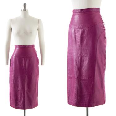 Vintage 1970s Pencil Skirt | 70s Purple Leather Buttery Soft High Waisted Midi Wiggle Skirt (small) 