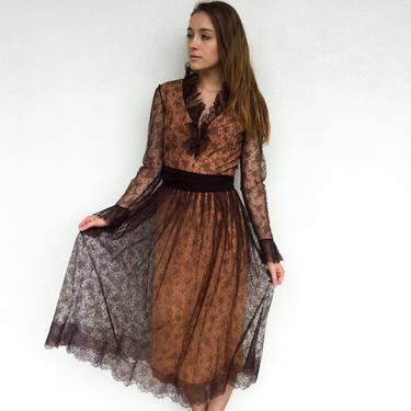 Beautiful Early 1970's Designer Adele Simpson Nude Illusion Brown Lace Dress 