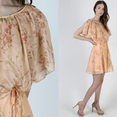 Vintage 70s Peach Floral Grecian Disco Dress Split Sleeve Sweeping Cocktail Party Mini Dress 