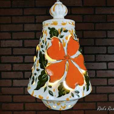 Mid Century Cut Out White Ceramic Orange Flower Chain Hanging Swag Lamp 