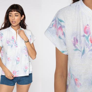 70s Floral Shirt Terrycloth Floral Blouse White CAP SLEEVE Top Terry Cloth Tunic Top Retro Tee Vintage V Neck 1970s Medium 