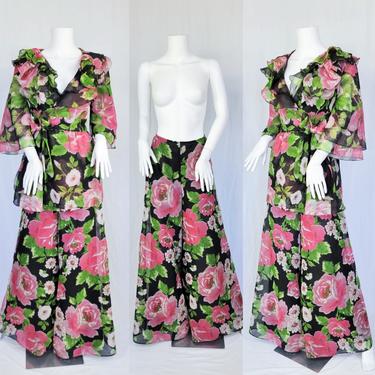 2 Pc 1970's Sheer Chiffon Black Pink Large Scale Rose Print Palazzo Pants Ruffled Top Set I Sz Med I Coco 