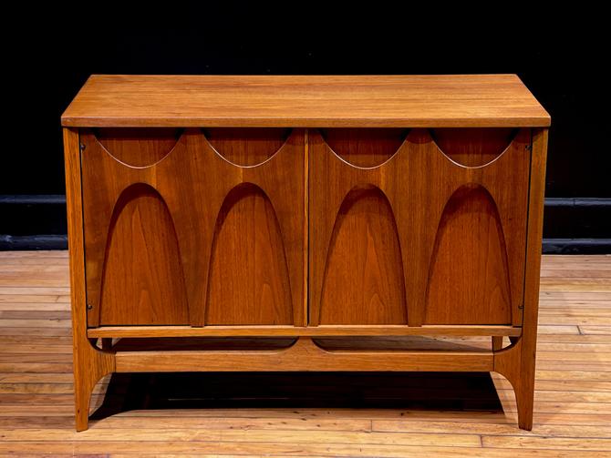 Broyhill Brasilia - Lightly Restored Broyhill Brasilia Walnut & Brass  Petite Buffet or Media Cabinet