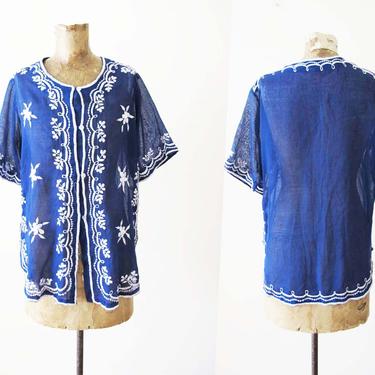 Vintage 70s Embroidered Blouse S - Embroidered Floral Short Sleeve Top - Navy Blue White Boho Tunic Shirt - Semi Sheer Cotton Shirt 