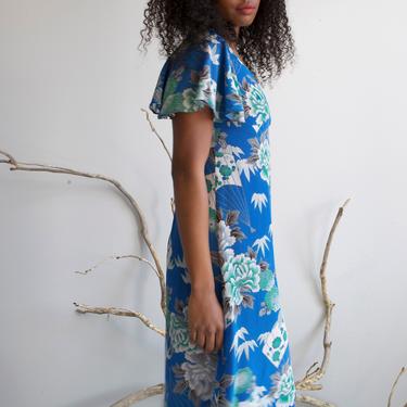 long blue silky crepe floral dress / size XS S 