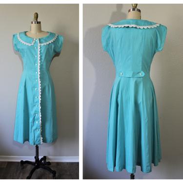 Vintage 40s 1950s Deadstock Aqua Blue white Lace Trim Cotton Dress fit & flare Day vtg 50s Spring Easter // Modern Size Small US 4 6 