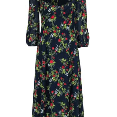 Reformation - Navy, Red &amp; Green Rose Print Puff Sleeve Cutout Maxi Dress Sz 8