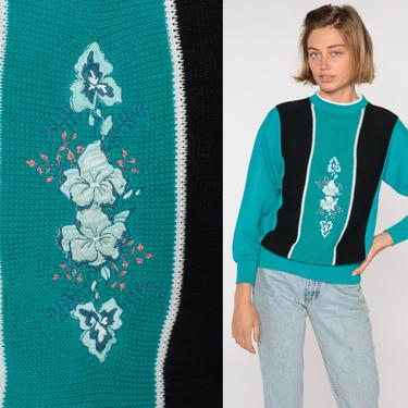 Embroidered Floral Sweatshirt 80s Sweater Turquoise Slouchy 1980s Pullover Vintage Cozy 90s Loungewear Small S 