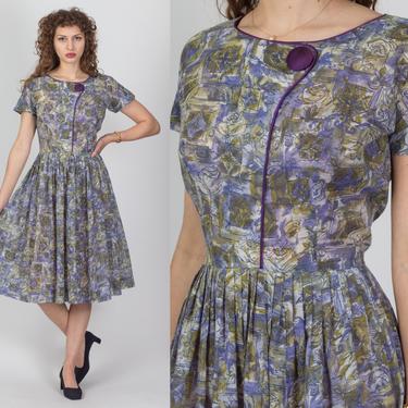 60s Abstract Floral Fit & Flare Day Dress - Medium | Vintage Boho Pleated Skirt Midi Dress 