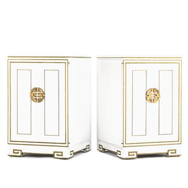 Pair of White Regency End Tables/Cabinets with Gold Trim Detailing 