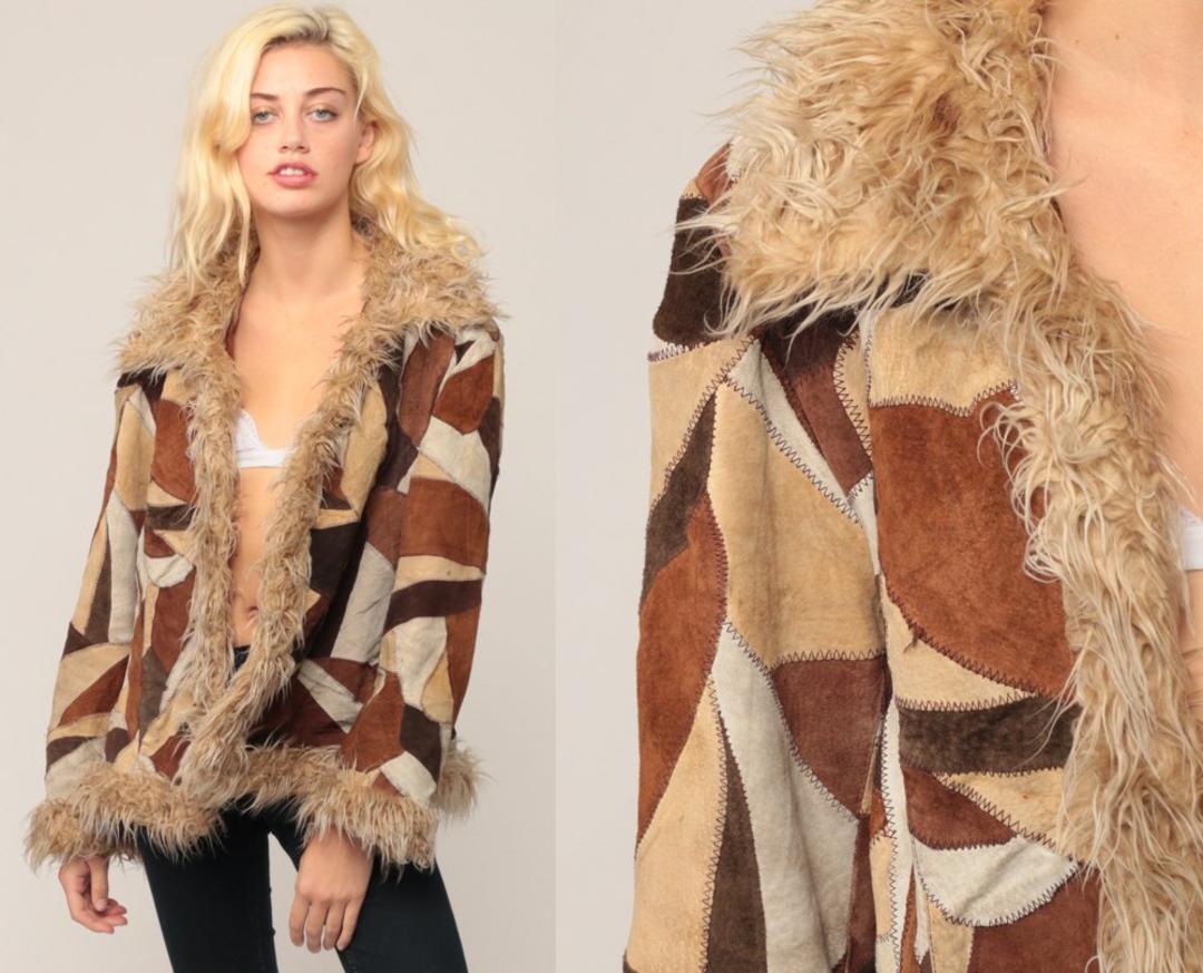 Patchwork Leather Jacket Suede Jacket Faux Fur Jacket 90s