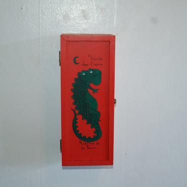 1999 Jose Cuervo Reserva de la Familia Art Box by Mexican Artist Leonardo Gutierrez Romero ~ Red Box w/ Green Iguana, Watermelon & Birds 