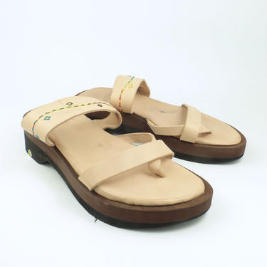 Platform Wood Sandals Vintage 1990s Leather Wedge Wooden women's 