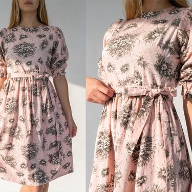 Vintage 60s Flamingo Pink &amp; Soft Gray Botanical Print Belted Day Dress w/ Poof Short Sleeves | Handmade | 1960s Pink Bohemian Poof Dress 