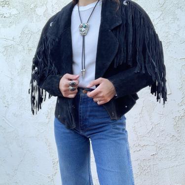 Vintage 80's Laurice Black Suede Leather Fringe Concho Jacket 