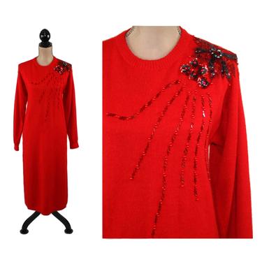 80s Long Sleeve Red Sweater Dress Women Medium Acrylic Knit Sequin Beaded Shoulder Applique Christmas Holiday Clothes 1980s Vintage Clothing 