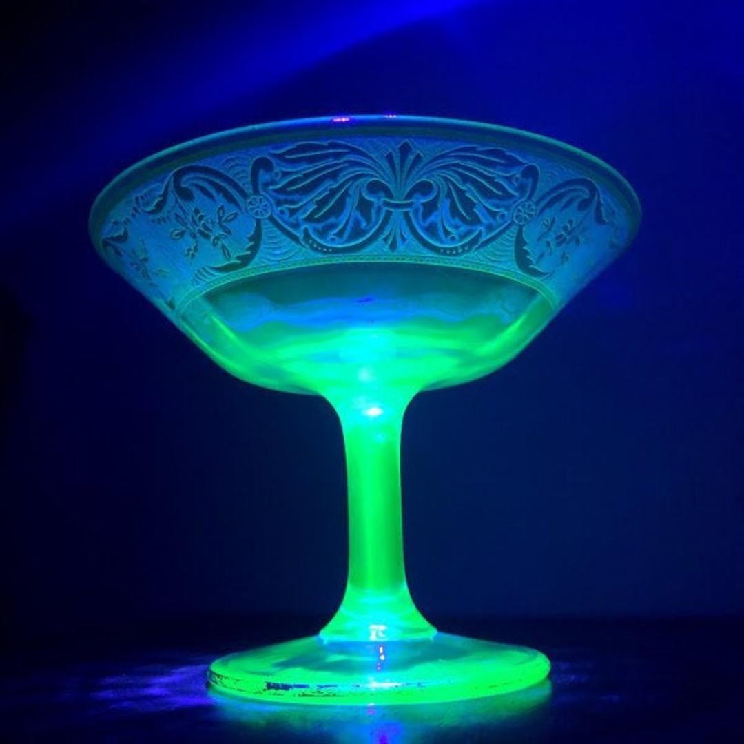 Vintage Uranium Glass Etched Roses with Gold Trim Compote Over the