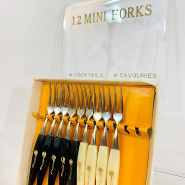 Vintage 1950s MCM Cocktail Party Mini Forks hor d'oeuvres Flower Set Made In Japan Box 9pcs 