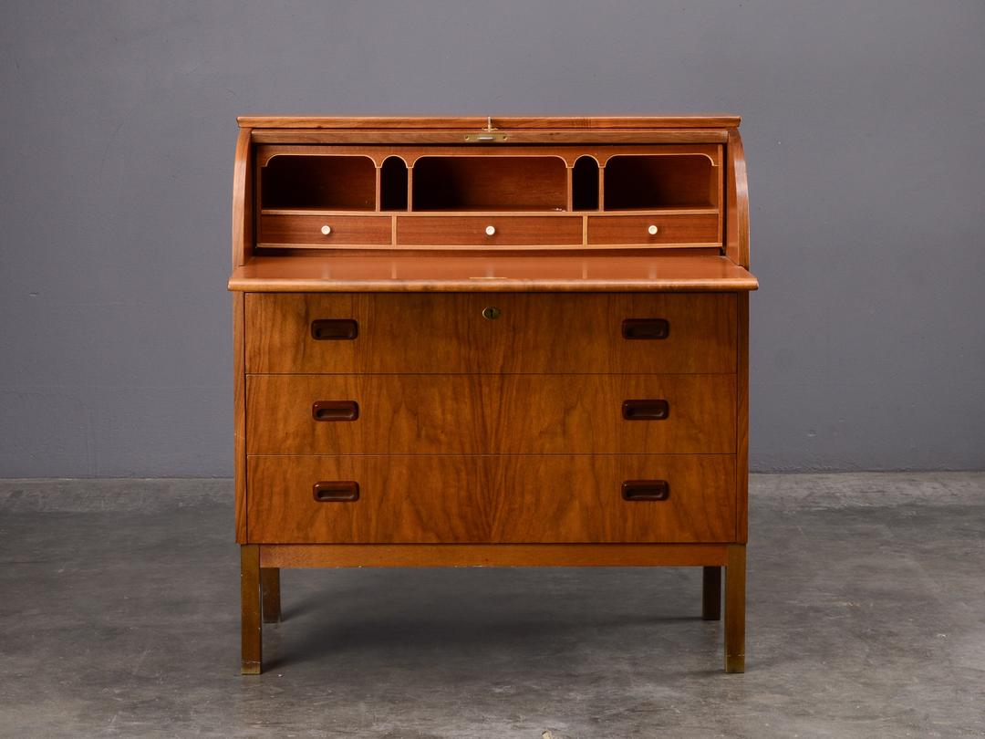 MidCentury Secretary Desk Walnut Danish Modern Rolltop Barrel