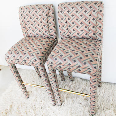80's Fabulous Compact Upholstered Set of 2 Bar Stools with Brass Foot Rests (Sold as a Pair!) 