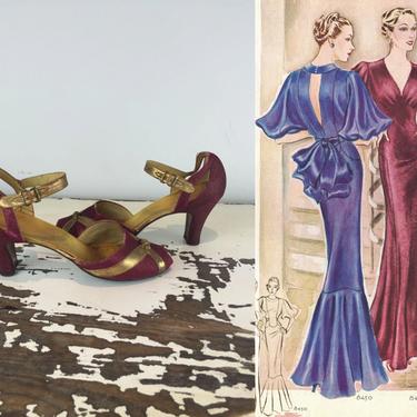 The Porter's Society Ball - Vintage 1930s Metallic Burgundy Fabric & Gold Leather Evening Dress Heels - 8 1/2 
