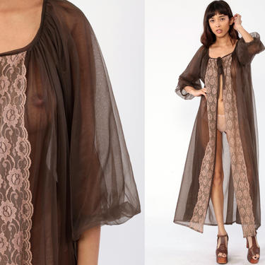 Sheer Brown Robe Long Lingerie Jacket 70s LACE Robe Boho Maxi Lingerie Nylon Chiffon Peignoir Bohemian 1970s Vintage Small Medium Large 