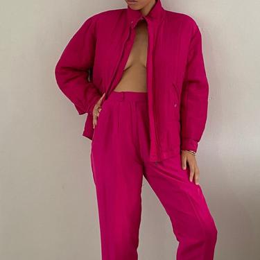 90s silk tracksuit pant suit / vintage fuchsia hot pink silk oversized track suit set / bomber jacket high waisted pants | S M 
