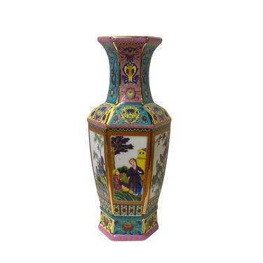 Chinese Turquoise Rich Multi-Color Print Graphic Porcelain Vase ws1478E 