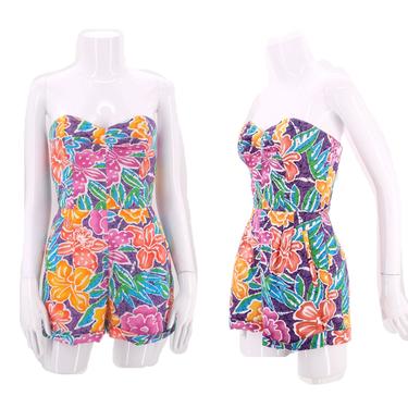 80s tropical print cotton romper S  / vintage 1980s LIZSPORT overalls romper shorts summer one piece jumpsuit 6 