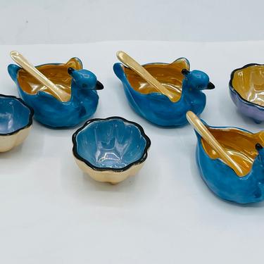 Noritake 1930s Swan Open Salt Cellar & Original Spoon Porcelain Lusterware 9 Pieces- Excellent 