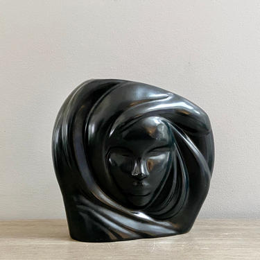 Black Pottery Face Vase Female Figural 1980s Retro Art Vase 