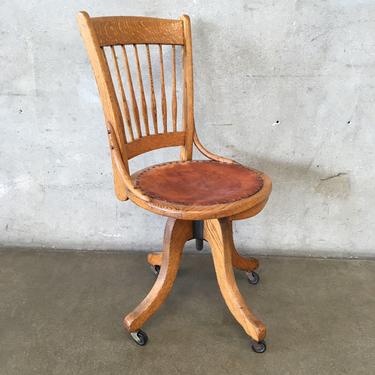 Vintage Oak Desk Chair with Tooled Leather Seat