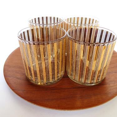 Set of 4 Vintage Gold Lowball Glasses, MCM Gold Pinstripes Scotch Glasses, 22kt Hollywood Regency Textural Gold Barware 