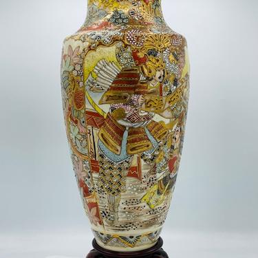 Vintage Large Satsuma Vase, Hand painted, Embossed Moriage - excellent Condition Wood Stand  18&quot; X 6&quot; 