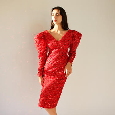 Vintage 80s Red Rippled Sequined Evening Dress | Exaggerated Avant Garde Poof Shoulders |  Party Dress, Evening Gown | 1980s Cocktail Gown 