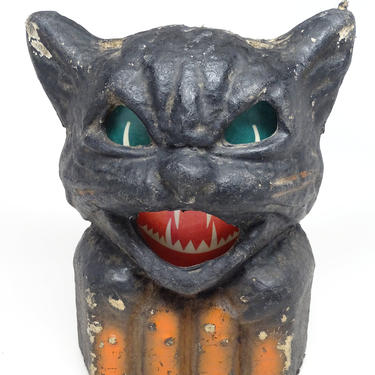Shabby Antique 1940's Black Cat on Fence Halloween Lantern, Pulp Paper Mache, Vintage Retro Decor 
