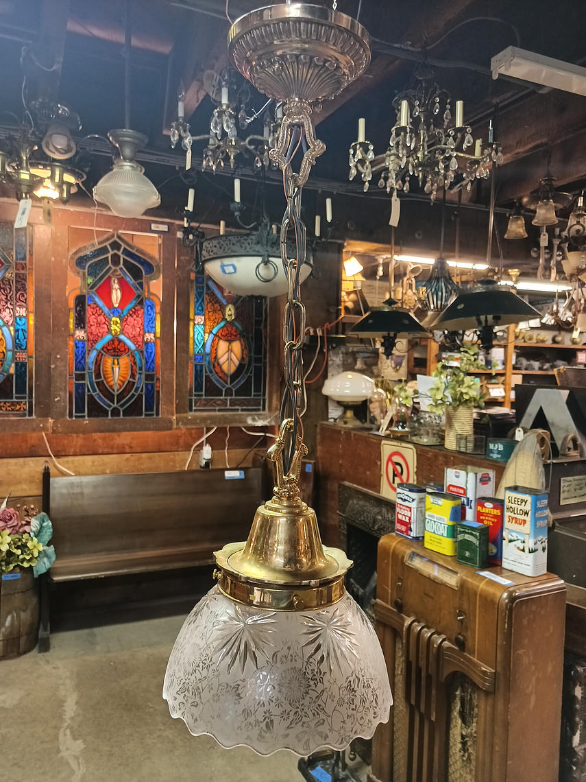 Vintage Brass Pendant Light w/ flower glass shade Earthwise