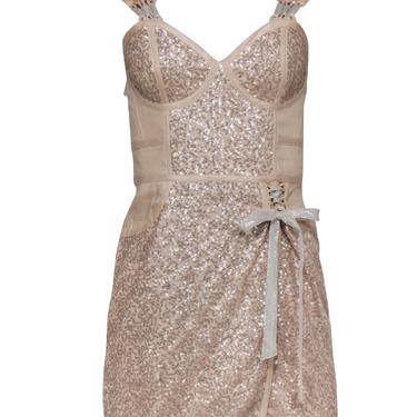 Foley & Corinna - Beige Sequin Sleeveless Sheath Dress w/ Lace-Up Trim Sz XS