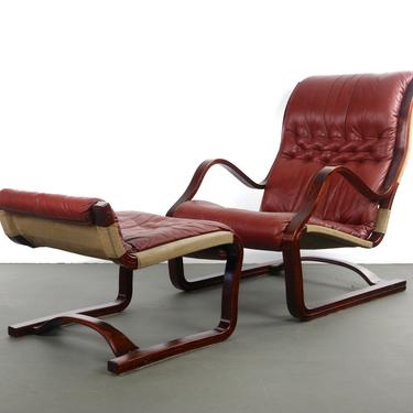 Bentwood Afromasia Chair in Oxblood Red Leather with Matching Ottoman 
