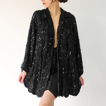 Vintage 70s 80s Judith Ann Creations Black Sequined &amp; Beaded Scalloped Billowy Sleeve Swing Coat | 100% Rayon | 1970s 1980s Designer Jacket 