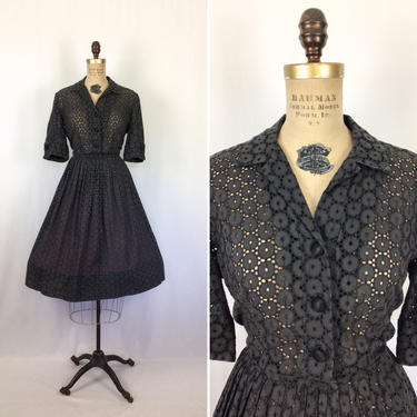 Vintage 50s dress | Vintage black eyelet short sleeve fit and flare dress | 1950s  shirtwaist day dress 