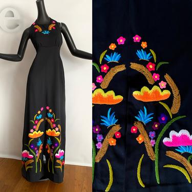 Ultimate Mexican Embroidered Maxi Halter Dress! • Groovy Vintage 60s 70s Oaxacan Tlaquepaque Black Neon Crewel Embroidery • Hippie Boho Tiki 