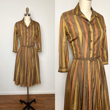 Vintage 1950s Shirtwaist Dress 50s Silk Striped Fall Full Skirt Dress 