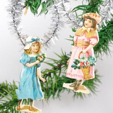 2 Vintage Feather Tree Embossed Scrap Christmas Ornaments, Girls with Tinsel Hanger, Victorian 