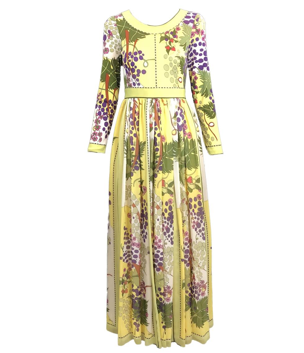 70s Bessi Grape Print Silk Jersey and Chiffon Maxi Dress The Way We