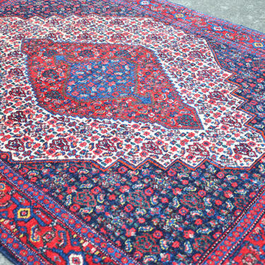 Vintage Hand Knotted Persian Tribal Style Area Rug in Red and Navy with Center Medallion  -  3' 11&quot; x  5' 5&quot; 