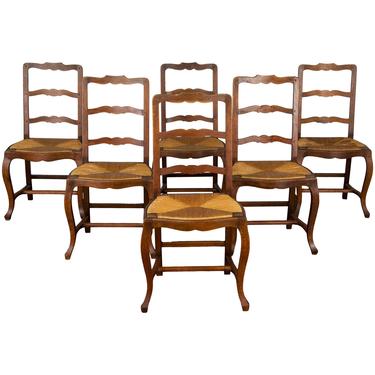 Antique Set of 6 Country French Provincial Oak Ladder Back Rush Dining Chairs 