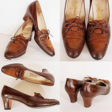 1990s Ferragamo Spectator Pumps Two Toned Brown Suede &amp; Leather / 90s Office Shoes Mid Size Hell Designer Italian / 8 narrow / Crosby 