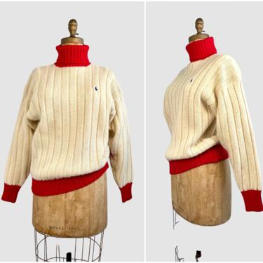 RALPH LAUREN Vintage 90s Pullover Sweater | 1990s Chunky Cable Knit Ribbed Turtleneck | 2000s Designer Ski Polo Turtle Neck | Size Medium 