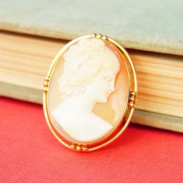 Victorian 14K Yellow Gold Cameo Brooch/Pendant, Beautiful Antique Cameo Pin, Classic Relief Carving, Gold Drop Setting, 1 5/8” L 